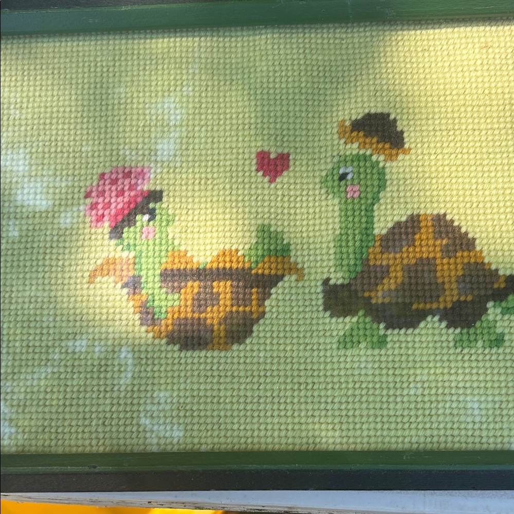 Vintage Green and Brown Turtle Cross-Stitch Decor